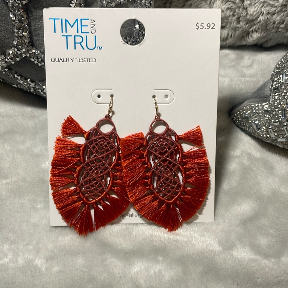 NWT time and true woman’s Boho orange fabric fringe earrings hyper allergenic